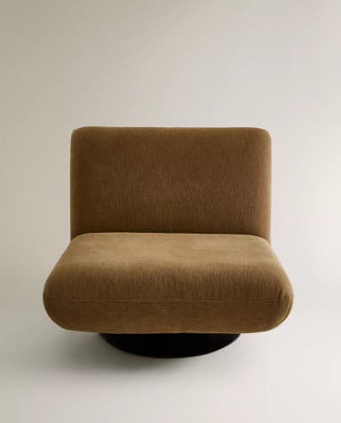 An armless lounge chair featuring a low-profile, upholstered form and a circular swivel base. — 3D model