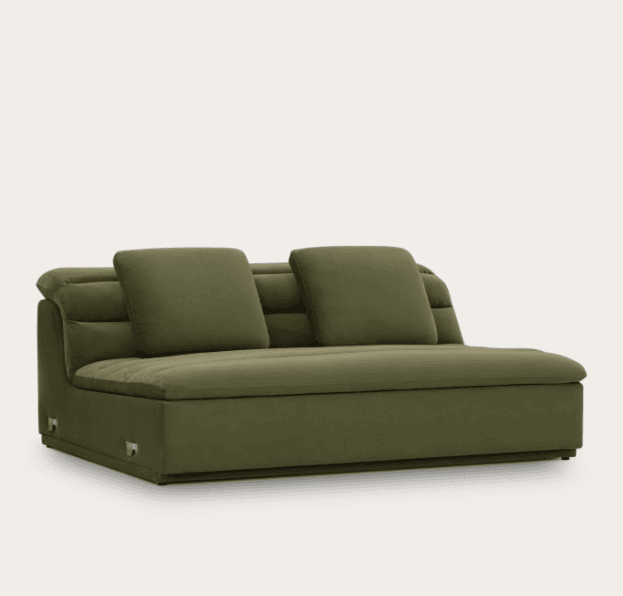 A contemporary olive green fabric chaise lounge sectional component with a channel-tufted backrest and an extended seat. It features a low-profile design with plush cushioning and visible modular connection points on the side, indicating it can be combined with other pieces. — 3D model