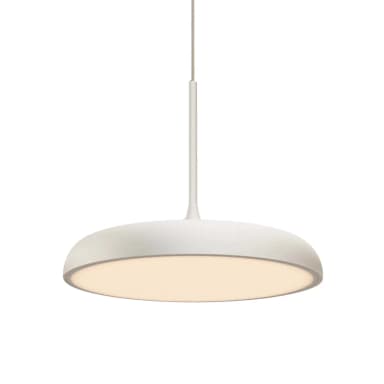 A modern, minimalist white disc-shaped pendant light suspended from a ceiling rod. It features an integrated light source providing downward illumination through a wide diffuser. — 3D model