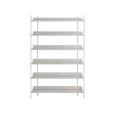 A minimalist six-tier shelving unit with a white or light gray finish, constructed from slim tubular metal for the frame and flat metal panels for the shelves. Each shelf features a subtle raised lip at the back. — 3D model