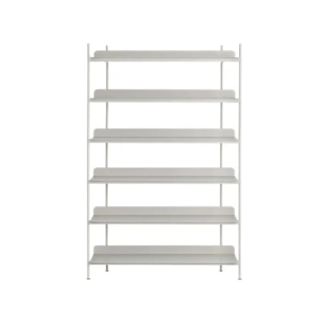 A minimalist six-tier shelving unit with a white or light gray finish, constructed from slim tubular metal for the frame and flat metal panels for the shelves. Each shelf features a subtle raised lip at the back. — 3D model