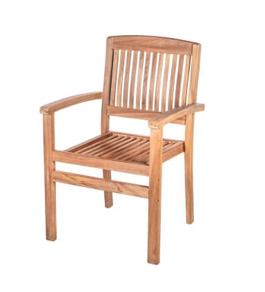 A sturdy wooden armchair constructed from teak wood, featuring a slatted backrest and seat. It includes integrated armrests and stands on four straight legs, designed for outdoor or patio use. — 3D model