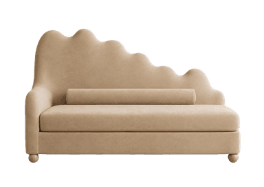 A modern upholstered chaise lounge featuring a distinctive wavy-shaped backrest, a single armrest on the left, and a long cushion for reclining. It includes a cylindrical bolster pillow. The piece is covered in a light beige fabric and stands on small, light-toned spherical wooden legs. — 3D model