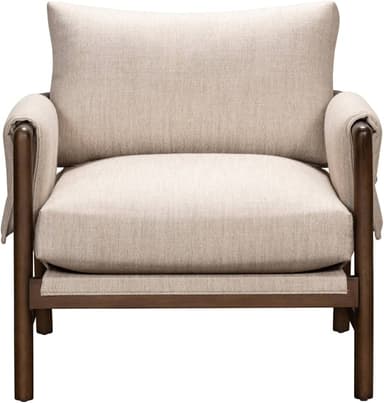 A modern lounge chair featuring an exposed dark-finished metal or wood frame supporting thick, light-beige fabric upholstery in a relaxed, sling-style design. The chair includes a padded backrest and seat cushion, with a horizontal bar detail visible on the rear securing the fabric. — 3D model