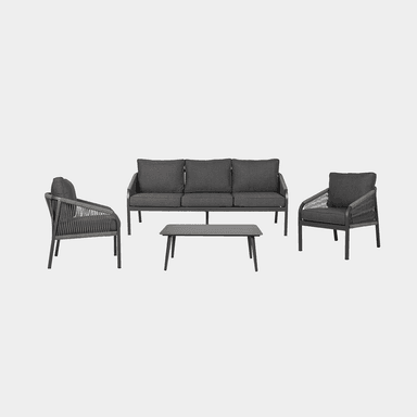 A modern outdoor three-seater sofa featuring a dark grey powder-coated metal frame and woven rope detailing on the armrests and backrest. It is equipped with three plush, removable dark grey fabric seat cushions and three matching back cushions, suggesting comfort suitable for exterior living spaces. The design is sleek and contemporary. — 3D model