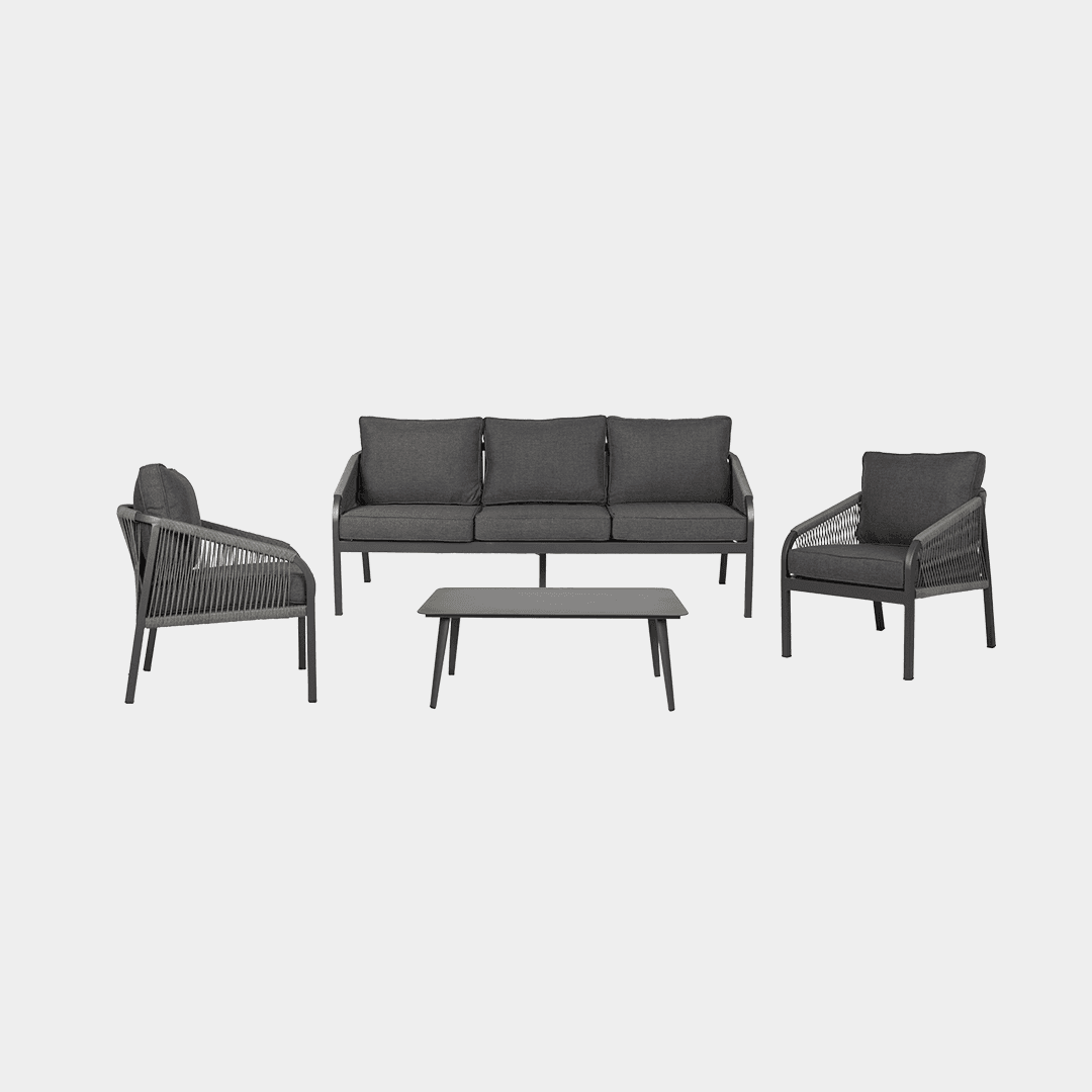 A modern outdoor three-seater sofa featuring a dark grey powder-coated metal frame and woven rope detailing on the armrests and backrest. It is equipped with three plush, removable dark grey fabric seat cushions and three matching back cushions, suggesting comfort suitable for exterior living spaces. The design is sleek and contemporary. — 3D model