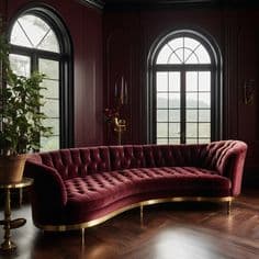 A luxurious curved sofa upholstered in deep burgundy velvet with extensive button tufting and elegant gold-toned metal accents. — 3D model