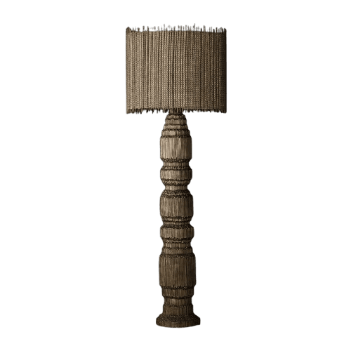 A floor lamp with a drum-shaped lampshade and a carved, segmented pedestal base. The lampshade and the base appear to be constructed from tightly packed, fibrous material with a textured, woven appearance. The base has a series of stacked, bulbous sections, each separated by narrower bands, culminating in a wider, flared foot. The overall aesthetic is rustic and organic. — 3D model