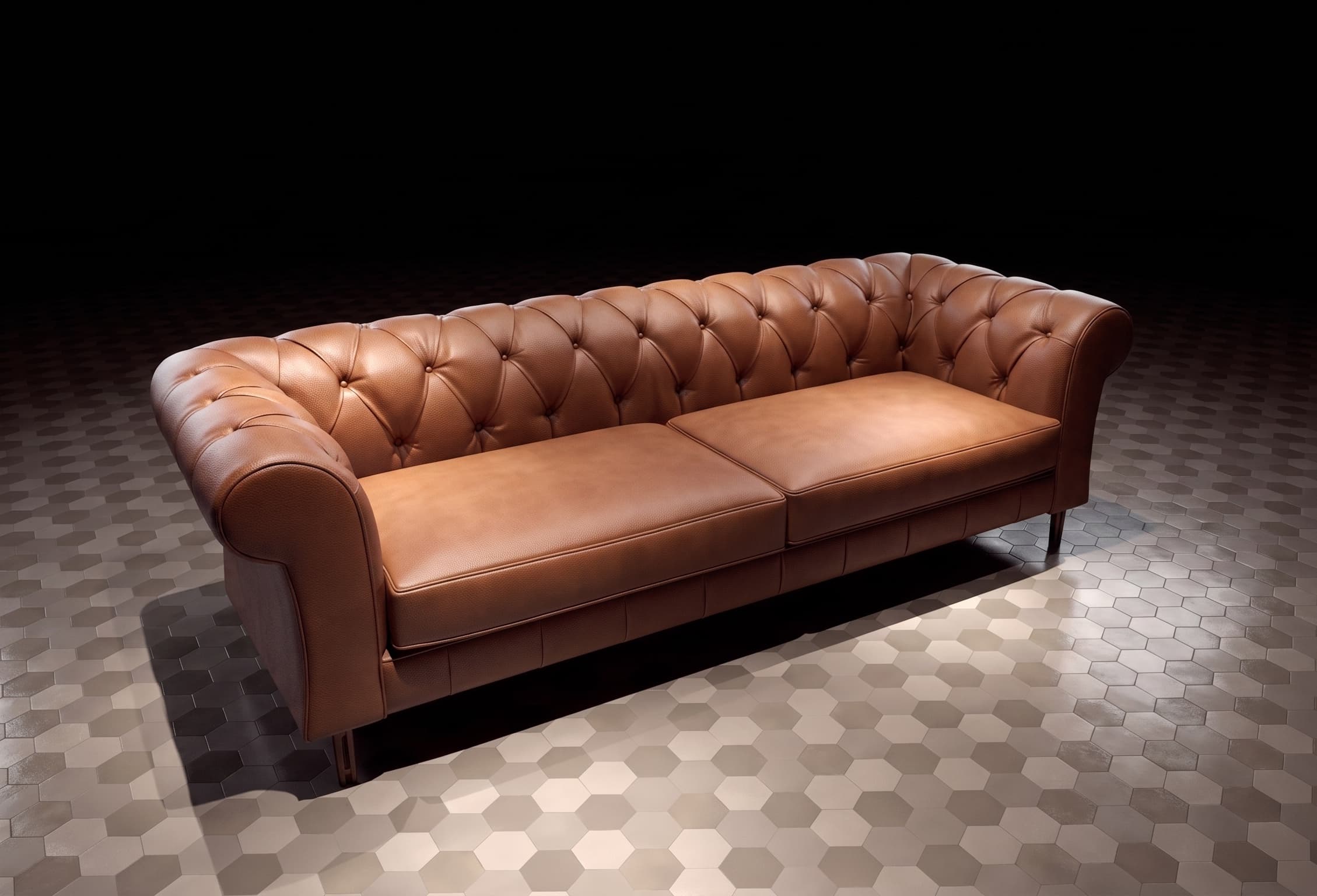 Brown leather Chesterfield style sofa with deep button tufting on the backrest and rolled arms, featuring two separate seat cushions and dark, tapered legs. — 3D model
