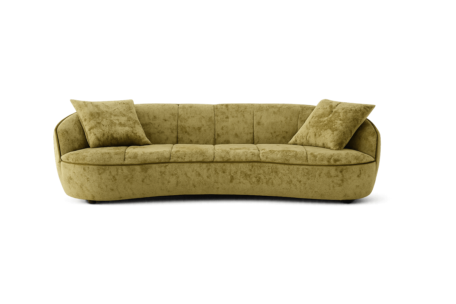 A curved sofa with a plush, textured upholstery in a muted olive green color. The sofa features channel tufting on the backrest and a rounded silhouette. Two square throw pillows with matching upholstery are placed on either end of the sofa. The overall design suggests a modern or contemporary aesthetic. — 3D model