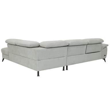An L-shaped sectional sofa upholstered in light grey fabric, featuring multiple plush cushions, individual adjustable backrests, and slender black metal legs. The configuration includes a chaise extension on one end. — 3D model