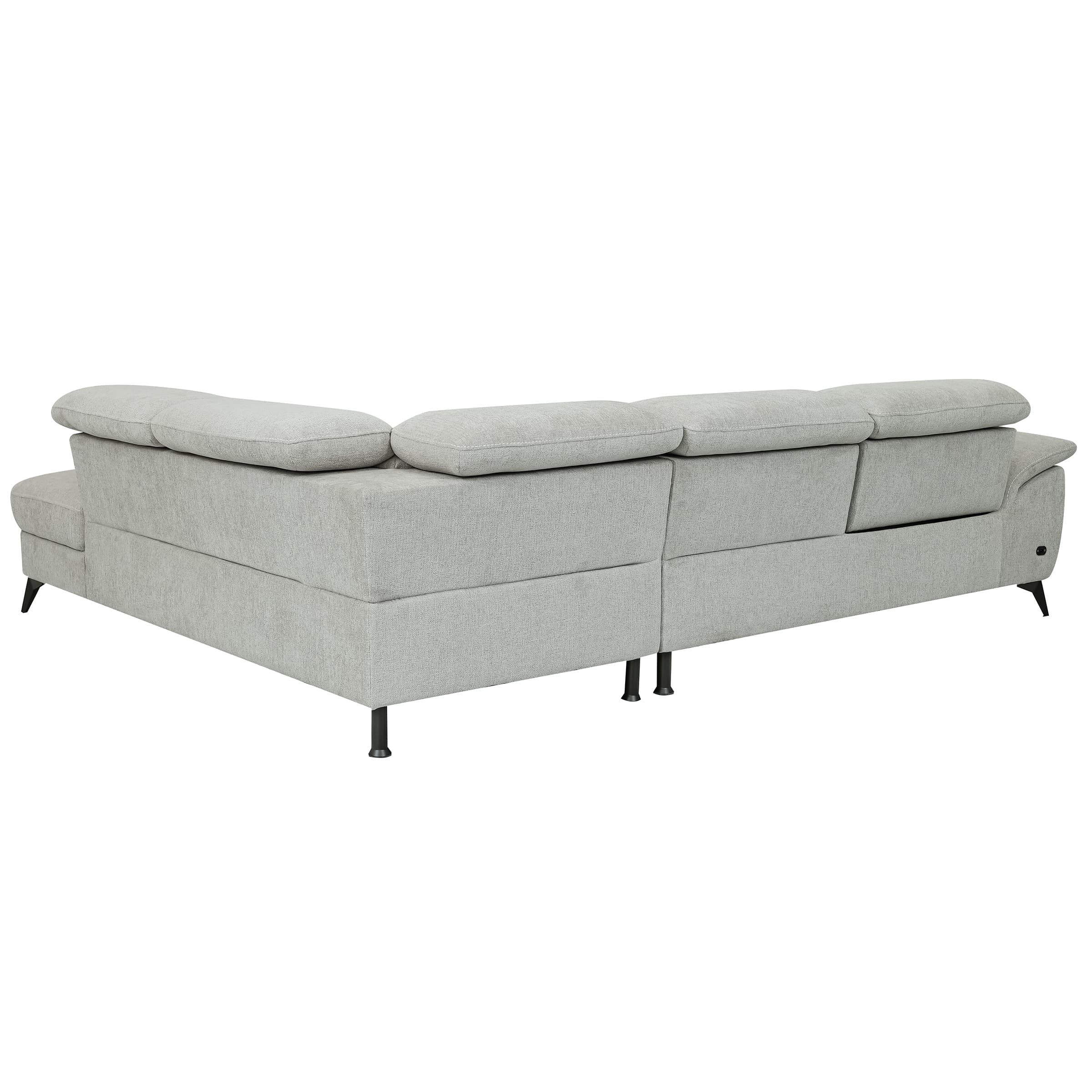 An L-shaped sectional sofa upholstered in light grey fabric, featuring multiple plush cushions, individual adjustable backrests, and slender black metal legs. The configuration includes a chaise extension on one end. — 3D model