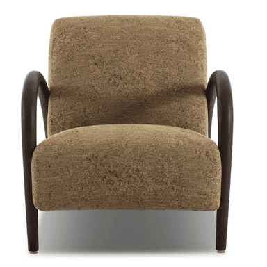 An upholstered armchair featuring a textured brown fabric on the seat and backrest. The chair is distinguished by its dark, curved wooden armrests that run from the top of the backrest to the base of the seat, forming part of the exposed frame. The design appears contemporary with clean lines and integrated cushioning. — 3D model