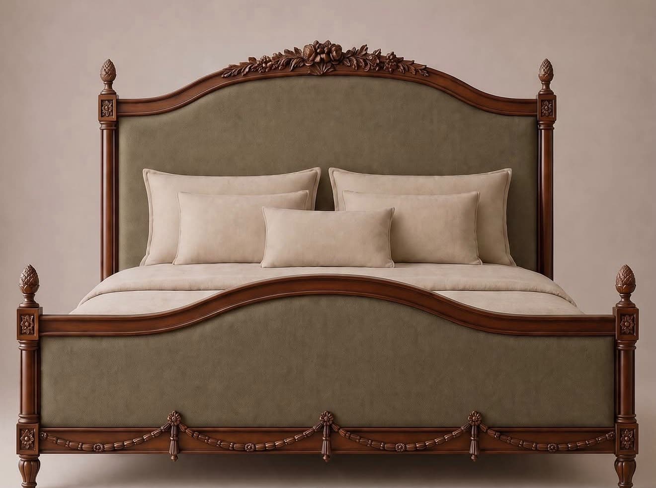 A full view of an ornate, traditional bed featuring a dark-stained carved wooden frame and olive-green upholstered panels on both the headboard and footboard. The headboard has an elegant arched top with an intricate floral and leaf crest carving. The four posts are topped with pineapple finials, and the footboard includes decorative carved swags. Beige bedding and pillows are neatly arranged on the bed. — 3D model