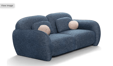 A contemporary two-seater loveseat featuring a distinctively curvaceous and sculptural form, upholstered in a textured dark blue fabric. It includes integrated back cushions and two spherical accent pillows in a lighter, contrasting color. — 3D model