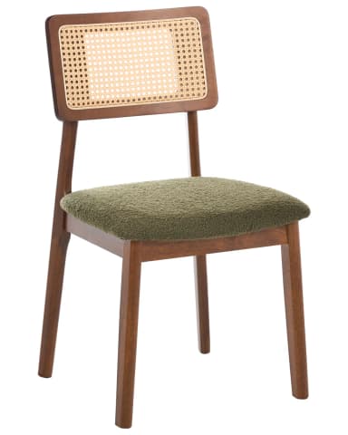 An armless dining chair featuring a mid-century modern design. It has a solid wooden frame with a warm brown finish, a backrest with a natural woven cane insert, and a padded seat upholstered in a green boucle-style fabric. The legs are subtly tapered, and the overall construction suggests both durability and a refined aesthetic. — 3D model