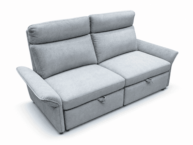 A light blue, contemporary three-seater sofa featuring plush upholstered cushions, integrated adjustable headrests, and rounded armrests, presented with a clean, solid base. — 3D model