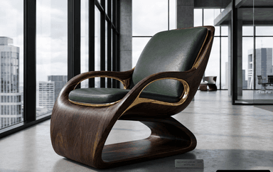 A stylish lounge chair featuring a continuous, curved bentwood frame with a dark brown, rich wood grain finish. The chair includes a dark green upholstered seat and back cushion, complemented by polished brass accents that outline the cushions and inner armrests. Its design has a distinct Art Deco influence with a modern silhouette. — 3D model
