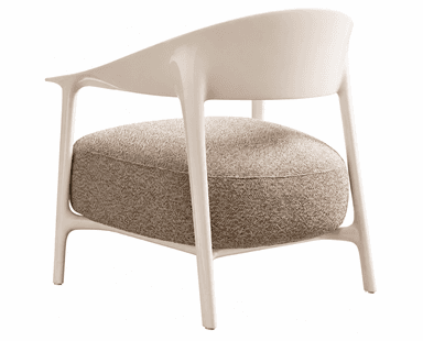 A contemporary armchair featuring a smoothly rounded, light-colored frame that integrates the backrest and armrests. The seat consists of a thick, upholstered cushion covered in a textured beige fabric. — 3D model