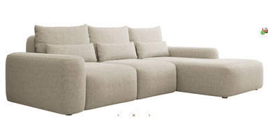 A contemporary modular sectional sofa upholstered in a light beige textured fabric. The sofa features a low-profile design with soft, rounded edges on its arms and base. It is comprised of multiple units, including a main seating section and an extended chaise lounge component. The backrests are defined by loose, rectangular cushions, and several smaller lumbar-style throw pillows are included for additional comfort. The overall aesthetic is modern and minimalist, designed for comfortable lounging. — 3D model