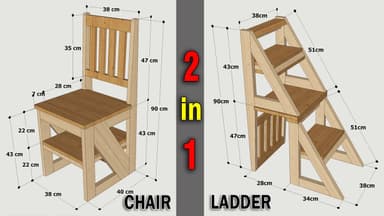 A light-toned, solid wood convertible step stool that transforms into a chair. The item features three steps when configured as a stool, with a sturdy A-frame support structure on the sides. When converted to a chair, the upper steps form the seat and a slatted portion of the frame acts as the backrest. The design is simple, functional, and utilizes visible wood joinery. — 3D model