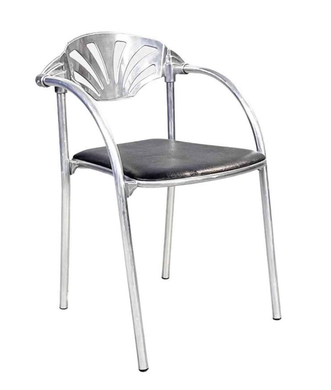 A contemporary armchair featuring a polished aluminum frame with gracefully curved armrests and legs. The backrest showcases a distinctive fan-shaped design with decorative cutouts, while the seat is a comfortable black padded cushion. — 3D model