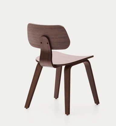 A minimalist, dark brown molded plywood side chair featuring a distinctly curved seat and backrest supported by four splayed, tapered legs. The chair exhibits a seamless, organic form typical of mid-century modern design. — 3D model