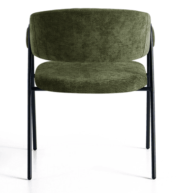 A modern accent chair featuring a curved backrest and seat upholstered in a textured green fabric. The chair has a metal frame with four slender legs in a matte black finish. The backrest exhibits vertical channel tufting. — 3D model