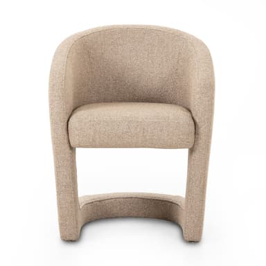 A contemporary accent chair with a curved backrest and upholstered seat and frame. The chair features a rounded, open base structure that flows into the armrests and back. — 3D model