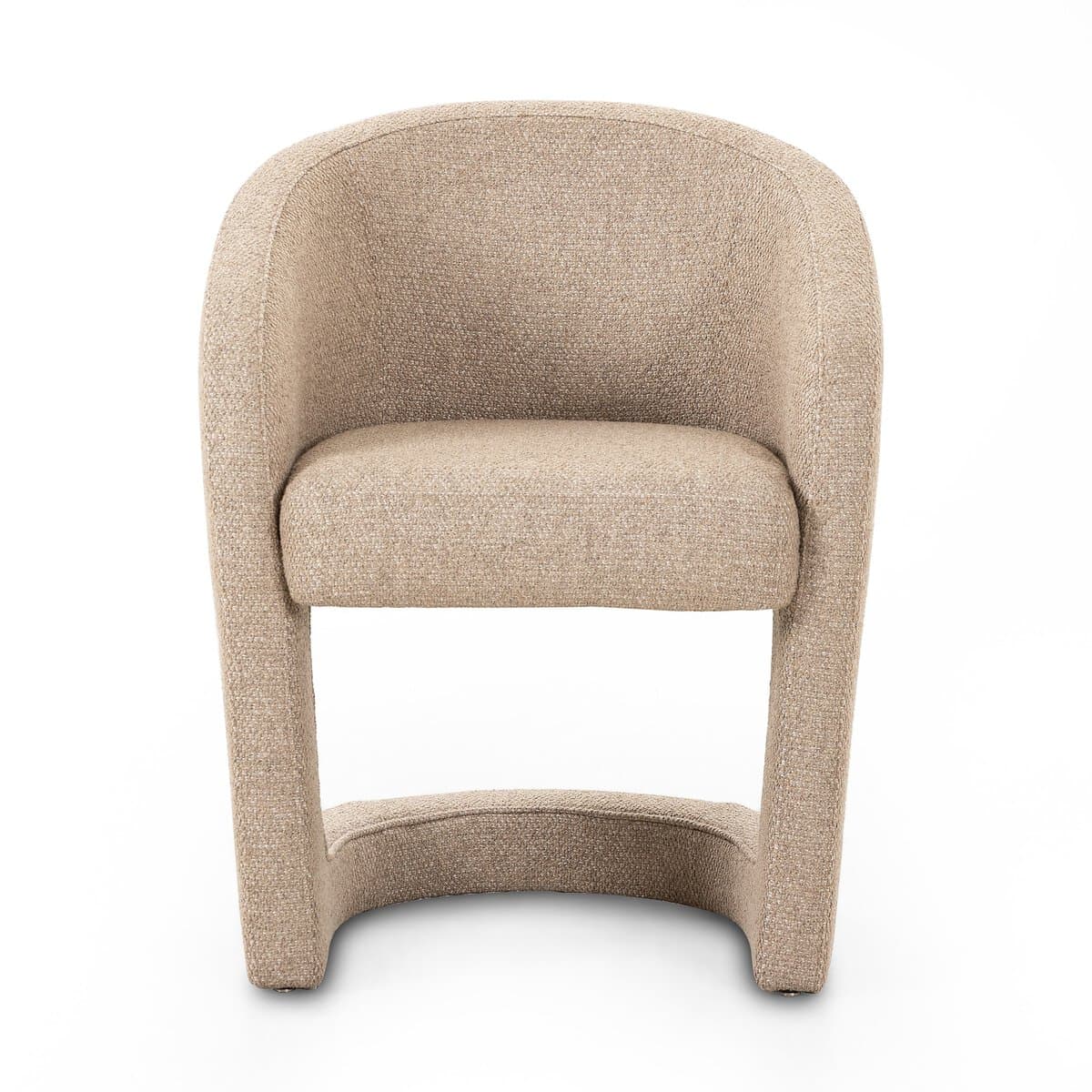 A contemporary accent chair with a curved backrest and upholstered seat and frame. The chair features a rounded, open base structure that flows into the armrests and back. — 3D model