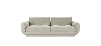 A two-seater sofa upholstered in a light-colored, textured boucle fabric, featuring a contemporary design with rounded arms and a plinth base. — 3D model