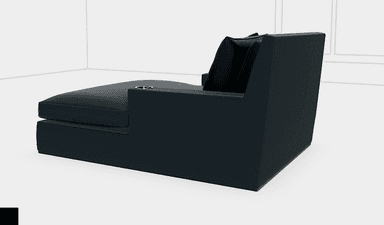 A contemporary, sleek black faux leather chaise lounge featuring a low backrest, broad fixed armrests with integrated metal cupholders, and two matching throw pillows. — 3D model