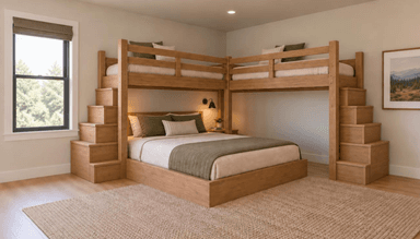 A comprehensive bed system featuring a lower platform bed, two elevated bunk beds arranged in an L-shape, and integrated stair units with storage functionality for safe access to the upper bunks. The entire structure is crafted from light-toned wood. — 3D model