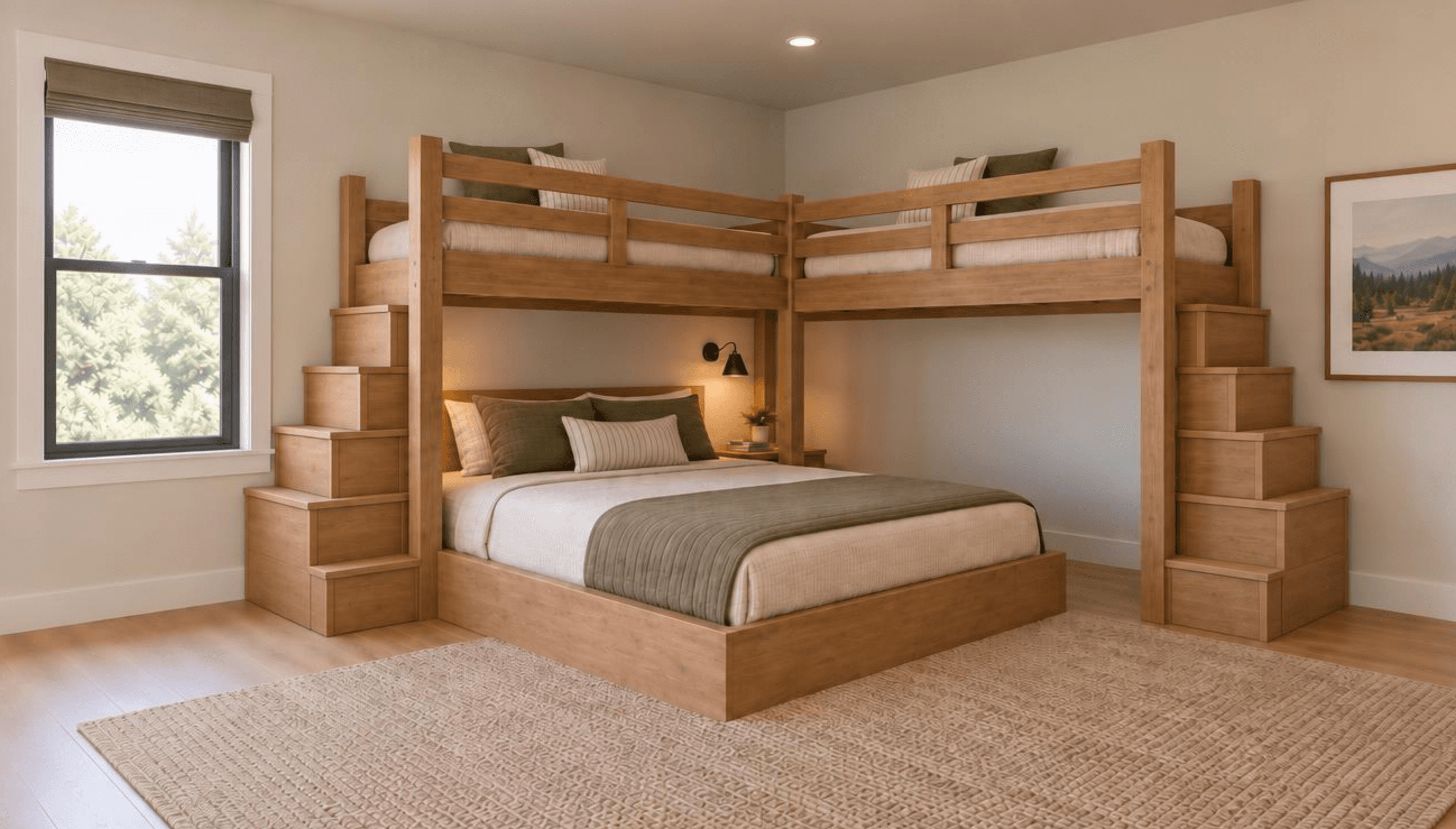 A comprehensive bed system featuring a lower platform bed, two elevated bunk beds arranged in an L-shape, and integrated stair units with storage functionality for safe access to the upper bunks. The entire structure is crafted from light-toned wood. — 3D model