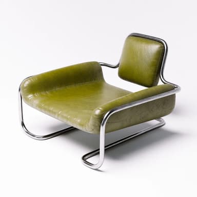 A Modernist lounge chair featuring a continuous tubular chrome frame that forms the base, armrests, and back support, upholstered in green leather or faux leather for the seat, backrest, and armrest pads. — 3D model
