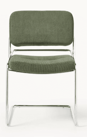 A modern armless chair featuring a polished chrome-plated tubular steel cantilever frame, supporting a padded seat and backrest upholstered in olive green corduroy fabric. — 3D model