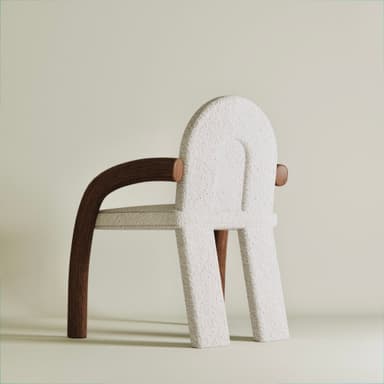 A highly sculptural and conceptual accent chair featuring a distinctive letter 'A' silhouette for its back and seat. The main body is upholstered in a tactile, off-white bouclé fabric, with a central arched cut-out in the backrest. Complementing the textured fabric are two dramatically curved dark brown wooden elements that function as armrests and part of the support structure. — 3D model