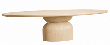 A light-colored wooden table featuring an elongated oval top and a unique, sculptural pedestal base composed of two rounded, stacked elements. — 3D model