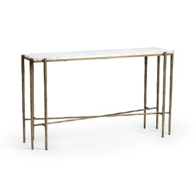 A rectangular console table featuring a white marble top and a metallic base. The base consists of four slender legs with an irregular, textured surface, connected by a crossbar at the lower section. The legs appear to be made of metal with a textured, antique brass or bronze finish. — 3D model