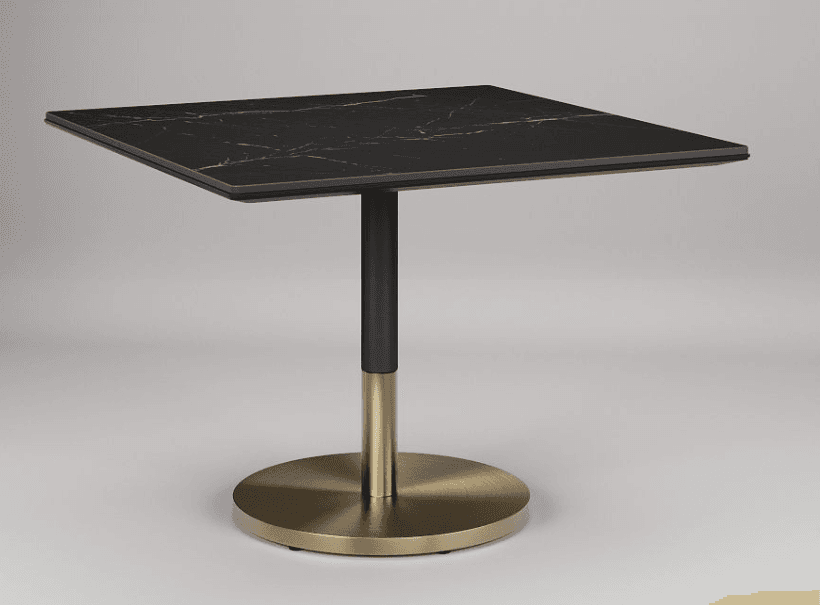 A square-top table with a black marble-patterned surface and a pedestal base. The pedestal consists of a matte black central column and a brushed brass circular base. The tabletop has rounded corners and a subtle beveled edge. — 3D model