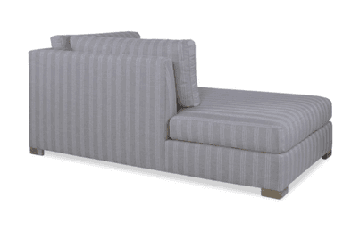 A contemporary right-arm facing chaise lounge upholstered in a grey fabric with subtle white pinstripes. It features a low-profile design with a single armrest on the right side and a loose back cushion, both covered in the same striped fabric. The chaise has a solid base and rests on small, square wooden feet. — 3D model