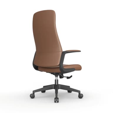 A modern high-back office chair with brown upholstered seating and a black plastic five-star wheeled base. It features fixed, padded armrests and a visible lever for height adjustment. — 3D model
