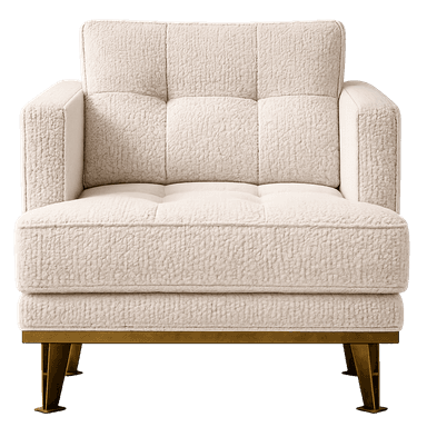A modern armchair upholstered in plush ivory bouclé fabric, featuring square arms, a tufted back cushion, and a sleek brass-finished plinth base with splayed legs. — 3D model