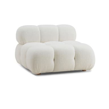 A single-seater, modular lounge chair characterized by its rounded, plush form and tufted upholstery. It is covered in a textured, off-white boucle fabric and features a low profile with small, visible wooden feet. — 3D model