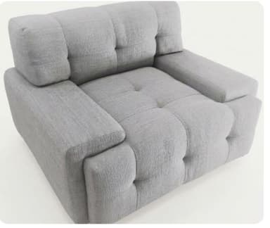 A single-seat upholstered chair, featuring deep tufting across the seat, backrest, and armrests, giving it a plush, modular appearance. The chair is covered in a light gray, textured fabric and has a low-profile, blocky silhouette with wide, squared arms. — 3D model