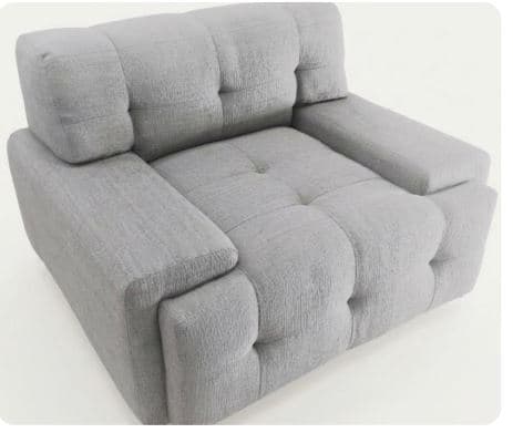 A single-seat upholstered chair, featuring deep tufting across the seat, backrest, and armrests, giving it a plush, modular appearance. The chair is covered in a light gray, textured fabric and has a low-profile, blocky silhouette with wide, squared arms. — 3D model