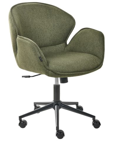 A modern upholstered desk chair in an olive green textured fabric, featuring a continuous contoured shell for the backrest and integrated armrests, supported by a black five-star caster base with swivel and height adjustment capabilities. — 3D model