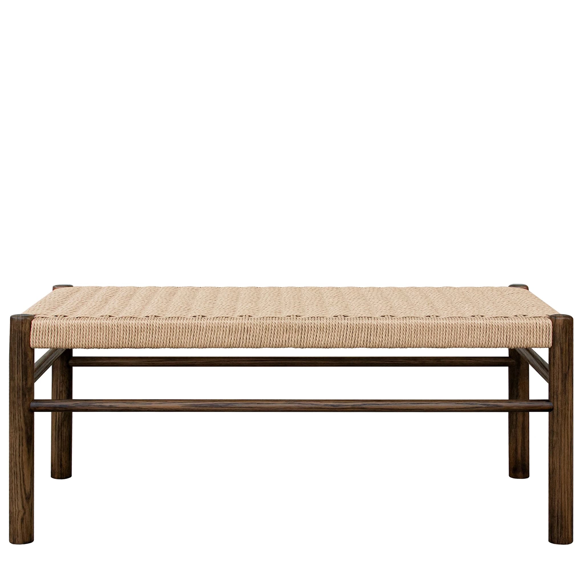 A minimalist bench featuring a dark stained wooden frame and a tightly woven natural fiber seat. — 3D model