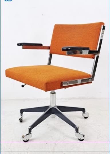 An orange upholstered office armchair with a polished metal frame, black padded armrests, and a five-star caster base. — 3D model