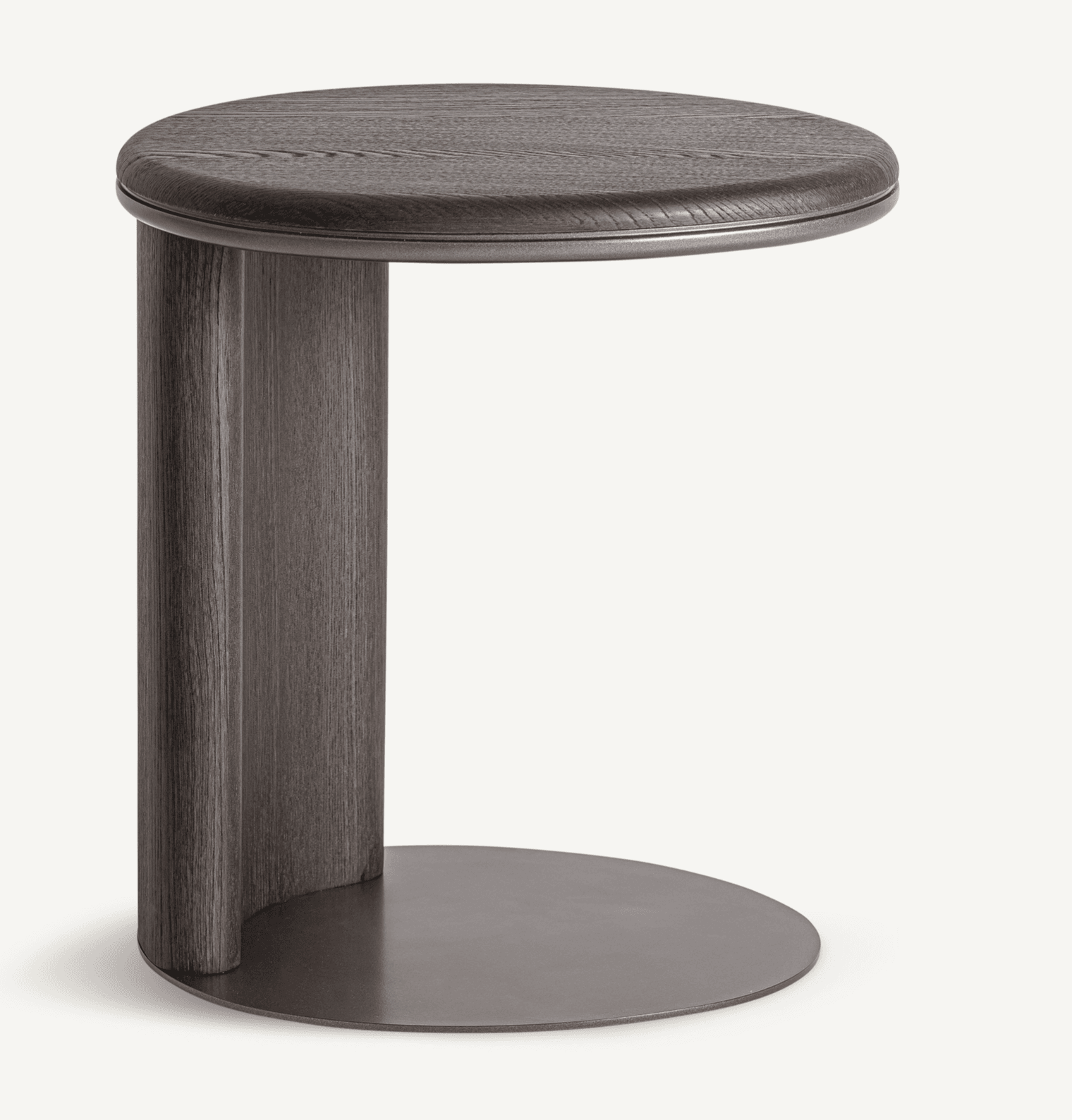 A modern dark-toned C-shaped accent table featuring a round wooden top and a curved wooden support column, resting on a flat, round metal base. The wood exhibits a prominent grain. — 3D model
